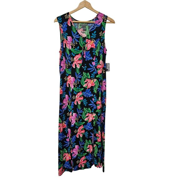 Cypress Womens Sleeveless Maxi Shift Dress Sz M Tropical Floral V Neck Button - Picture 1 of 8